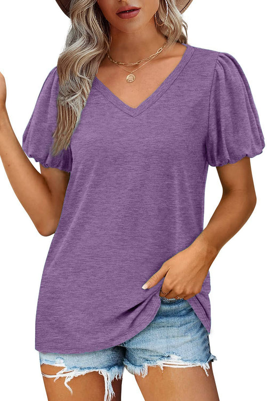 V-NECK LANTERN SLEEVE SOLID SHORT-SLEEVED TOP