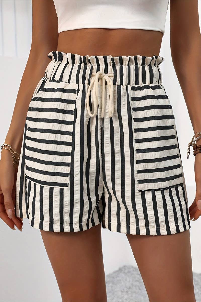 CWBSP0584_HIGH WAIST STRIPED A-LINE LOOSE FIT SHORTS