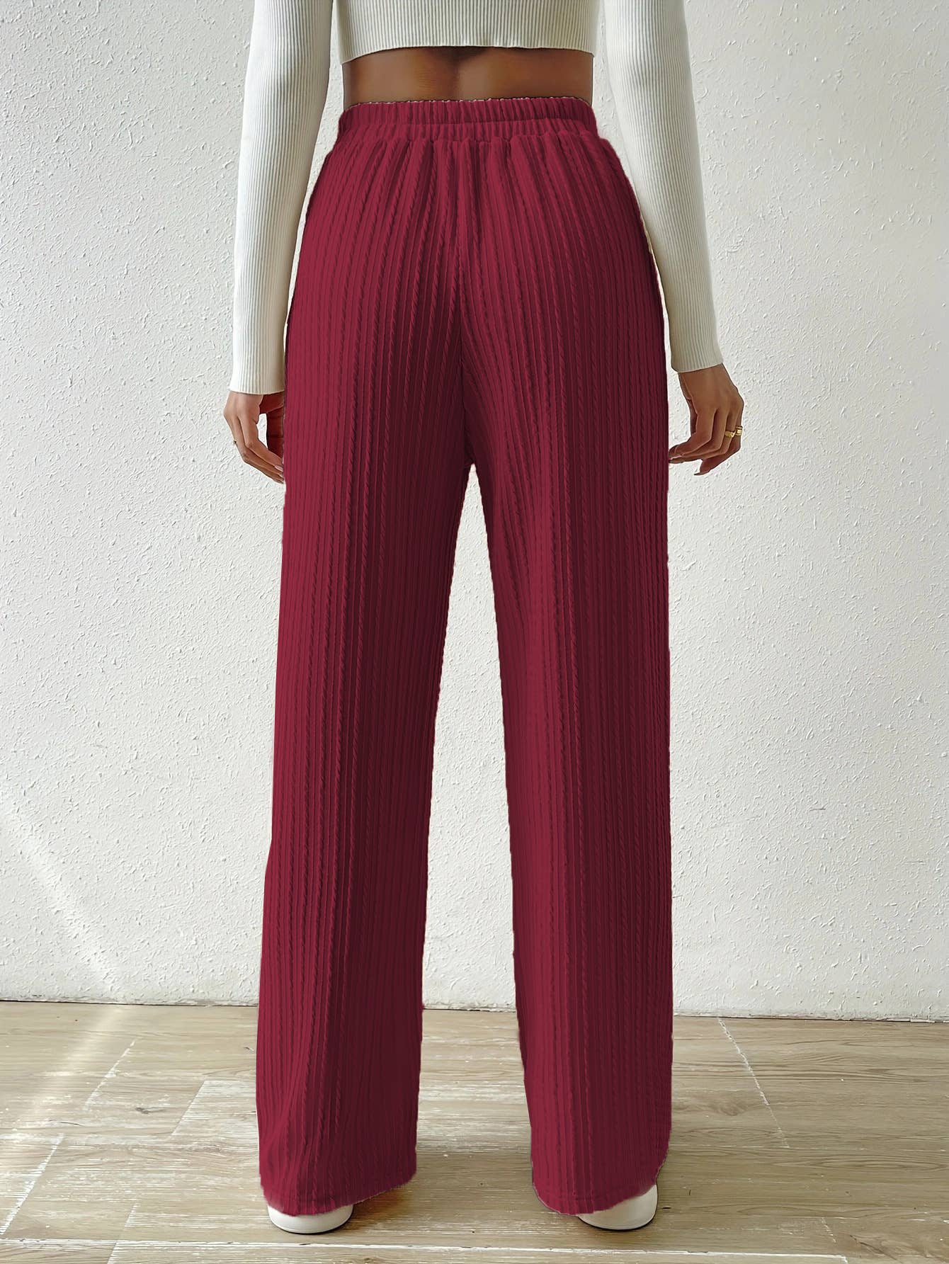 KNIT WIDE LEG STRAIGHT PANTS WITH WAIST TEXTURE