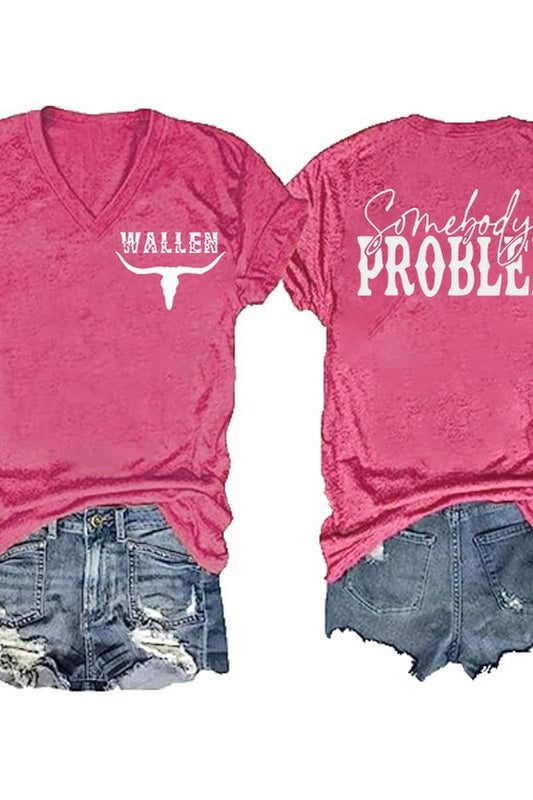 Cwtts1055_Double Sided Printed V Neck Short Sleeved T Shirt