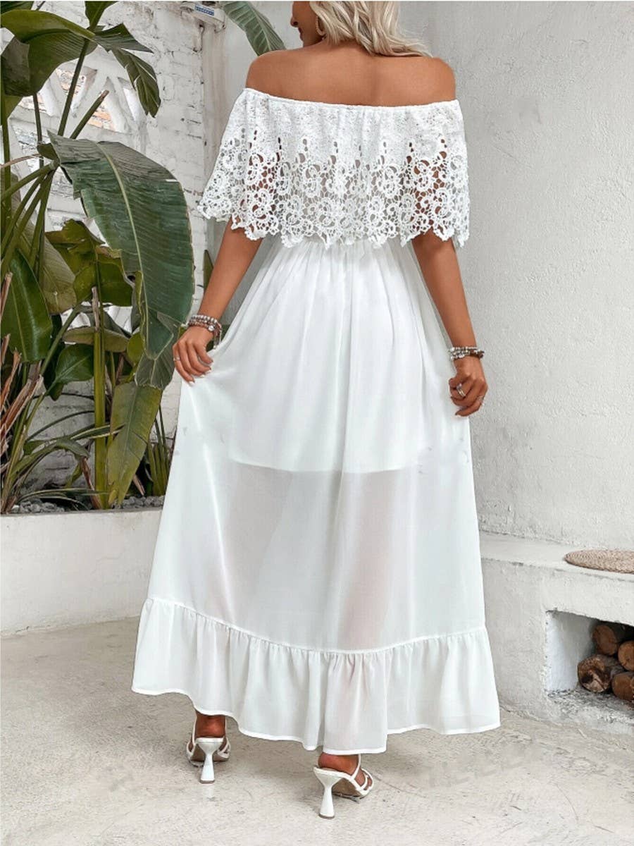 Off-the-shoulder lace patchwork ruffled dress