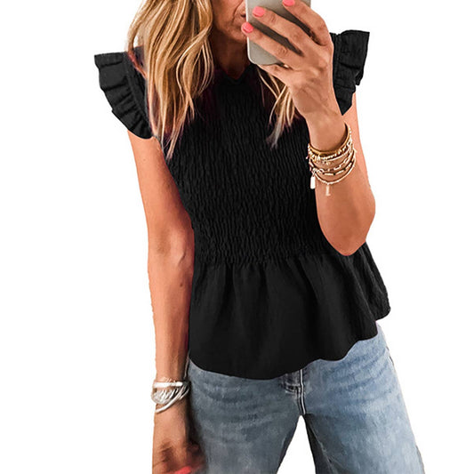 Solid color round neck sleeve sleeve T-shirt