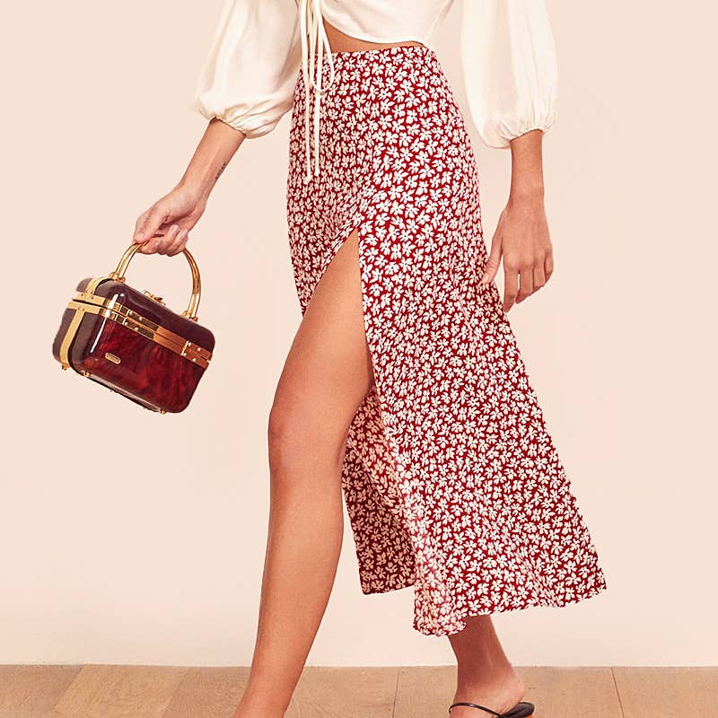 Floral print high waist slit long A-line skirt