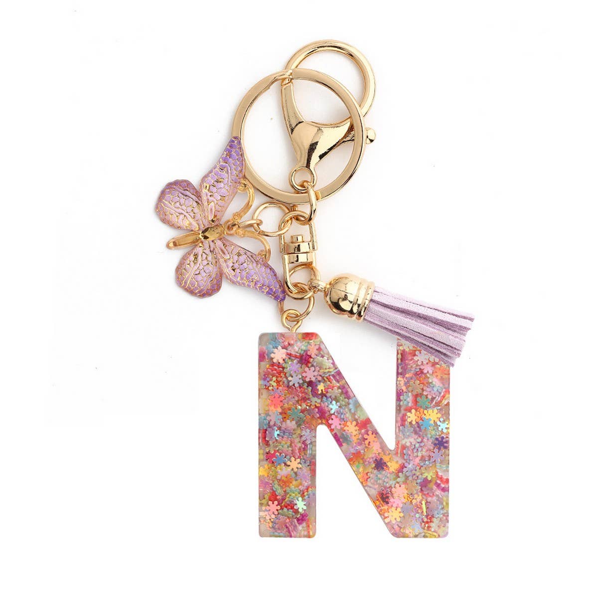Pink Snowflake Letter Butterfly Keychain_CWMM6865