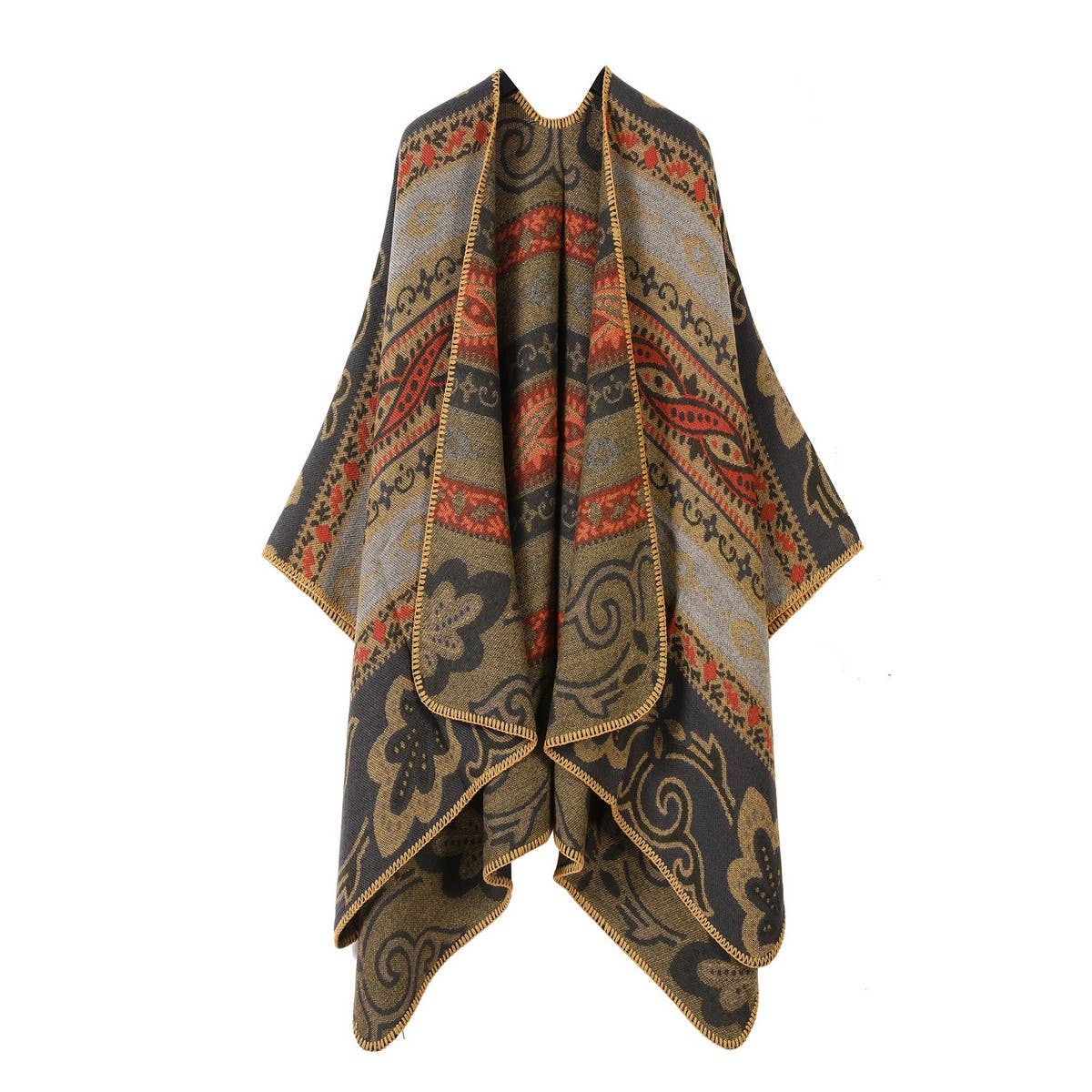 SHAWL FAUX CASHMERE JACQUARD SLIT CAPE SCARF