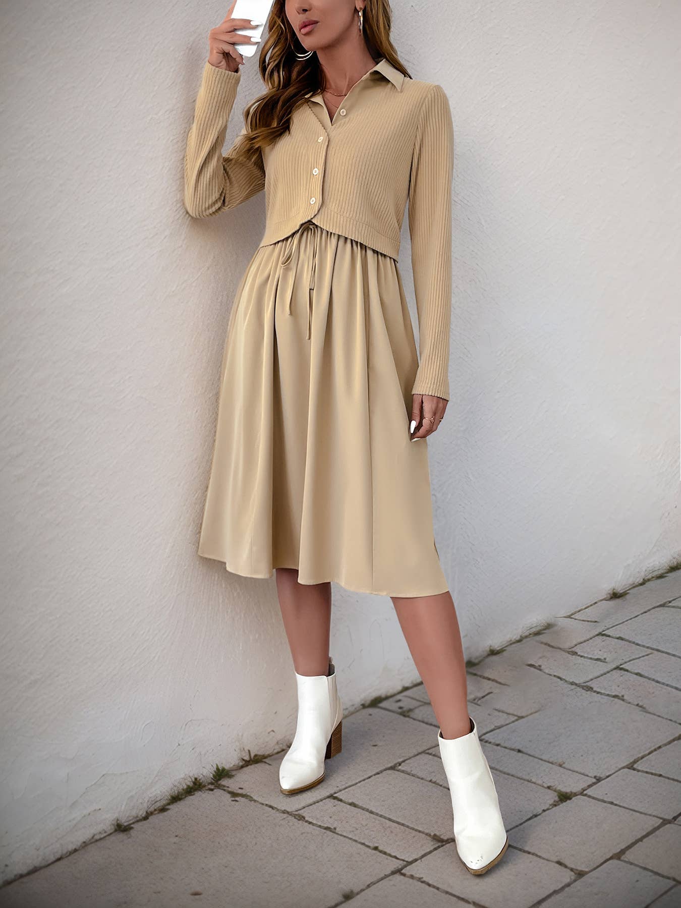 SOLID COLOR LAPEL LONG SLEEVE FAKE TWO DRESSES