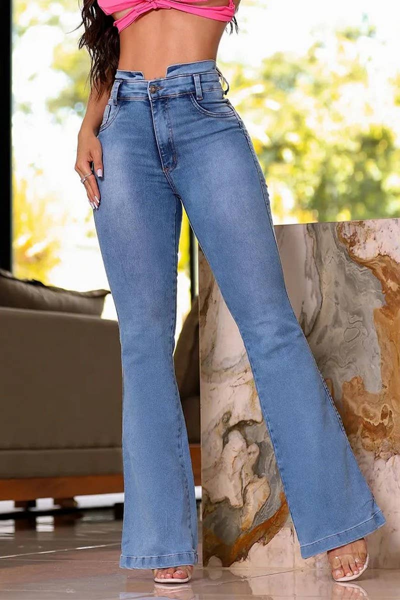 CWJP0588_HIGH WAIST WASHED BOOTCUT DENIM JEANS