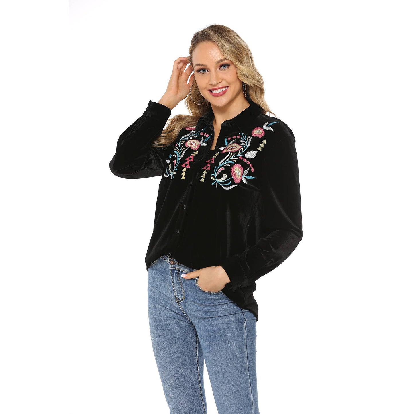 Ethnic-style embroidered lapel shirt