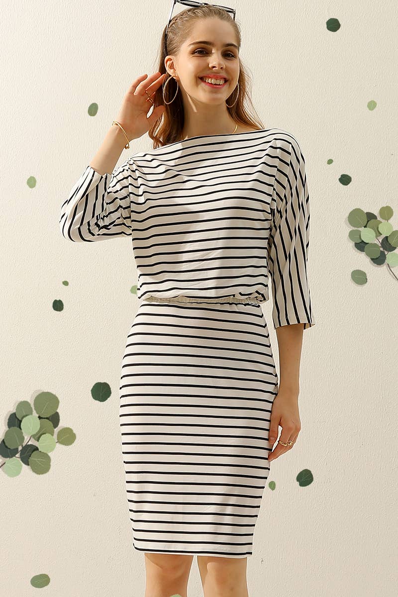 CWDMD803_BOAT NECK LONG SLEEVE DRAWSTRING KNEE MIDI DRESS