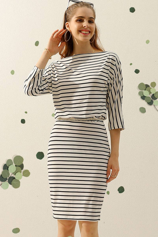 CWDMD803_BOAT NECK LONG SLEEVE DRAWSTRING KNEE MIDI DRESS