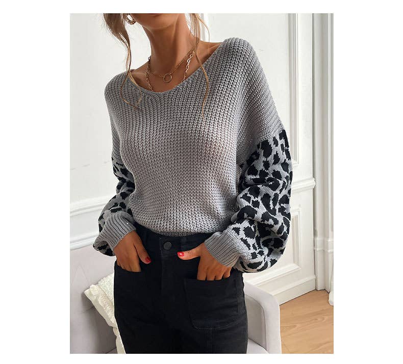 V-neck loose leopard print patchwork sweater