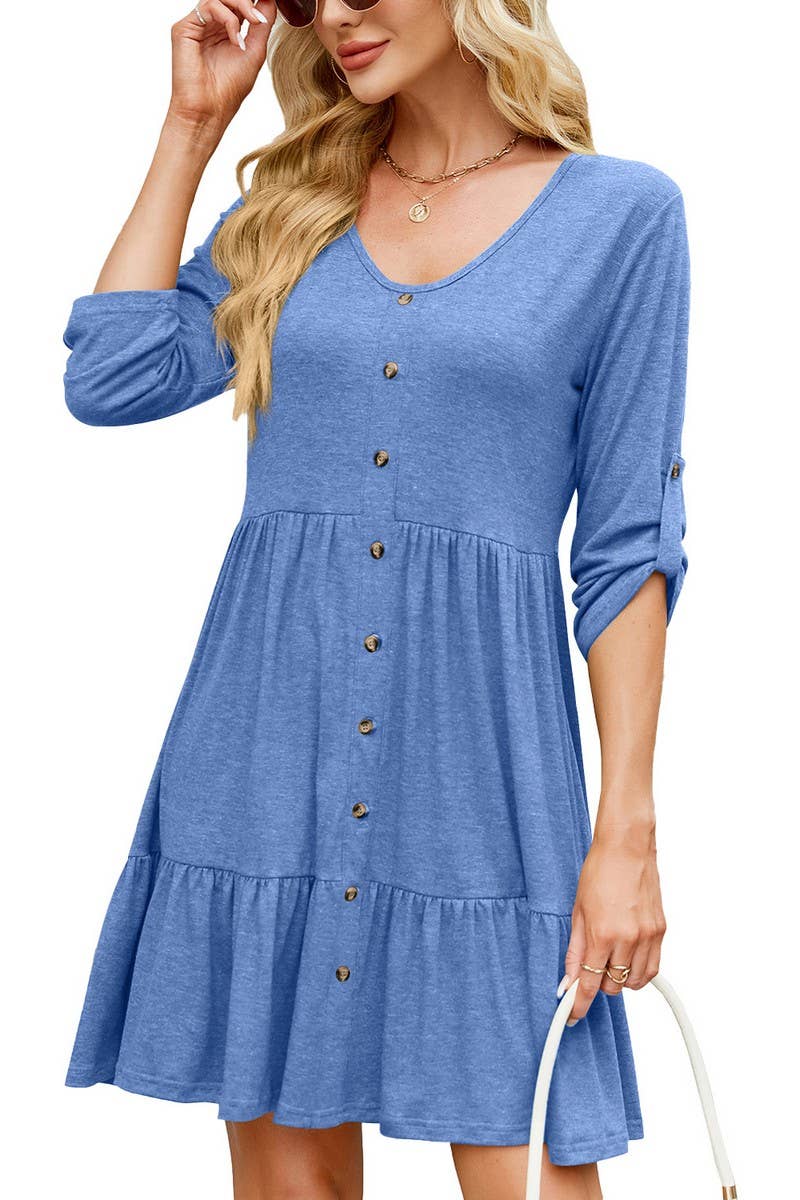 CWDSD7423_SUMMER SOLID COLOR ROUND NECK BUTTON SLEEVE DRESS