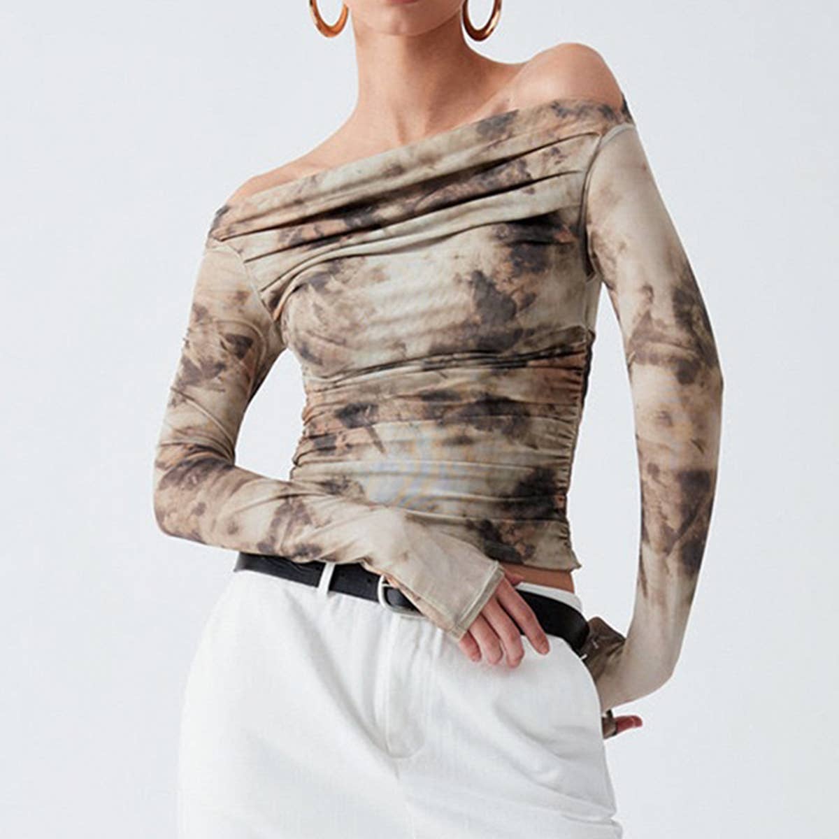 Tie-dyed retro printed pleated one-shoulder top