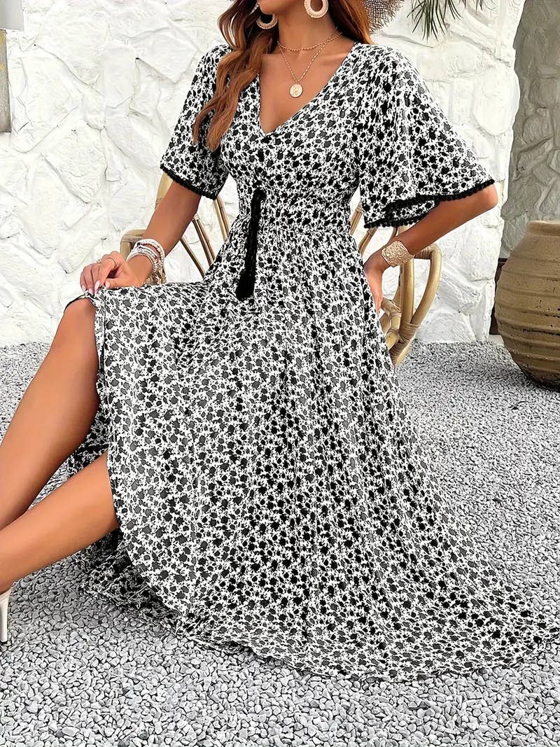 V-neck high-waisted elegant printed dress
