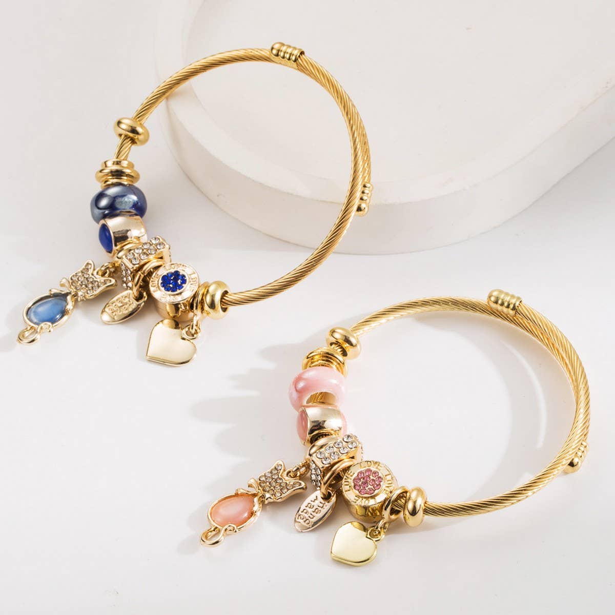 Fashionable Cat & Heart Beaded Steel Bracelet_CWMM8585