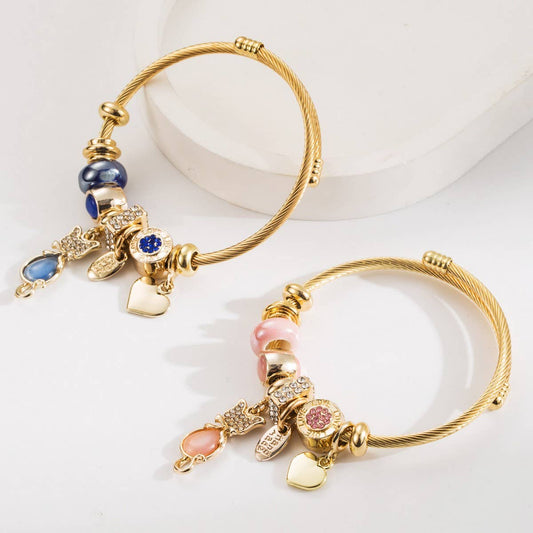 Fashionable Cat & Heart Beaded Steel Bracelet_CWMM8585