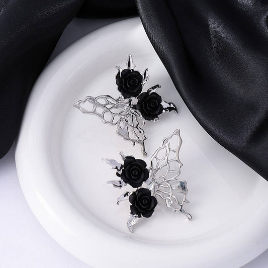 SILVER NEEDLE BLACK ROSE BUTTERFLY EARRINGS