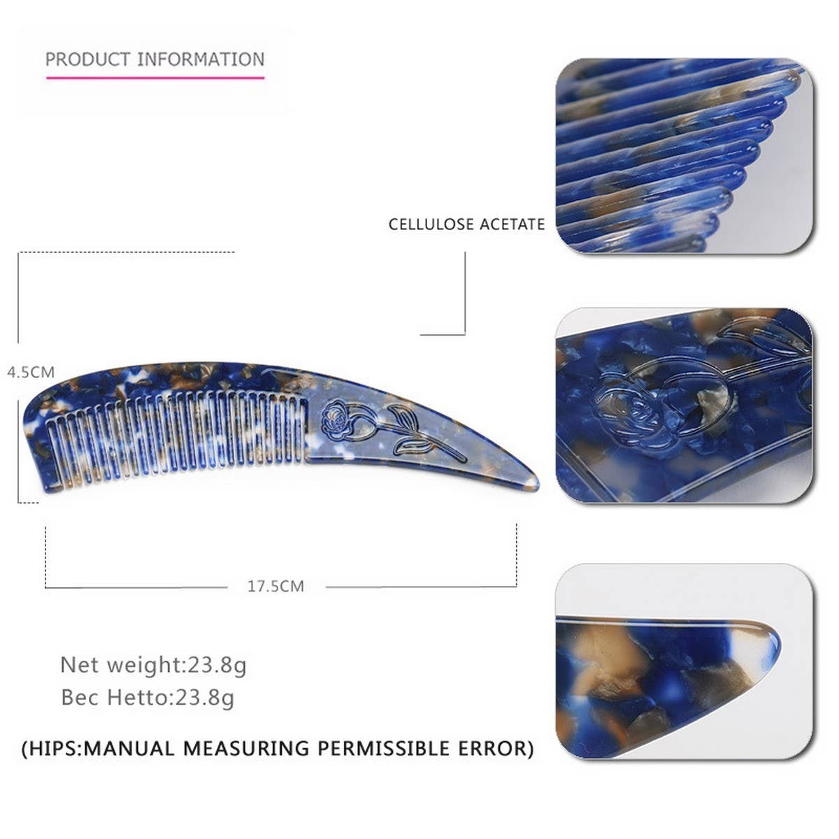 HORN POINTED TAIL COMB ACETATE CARVED FLOWER COMB