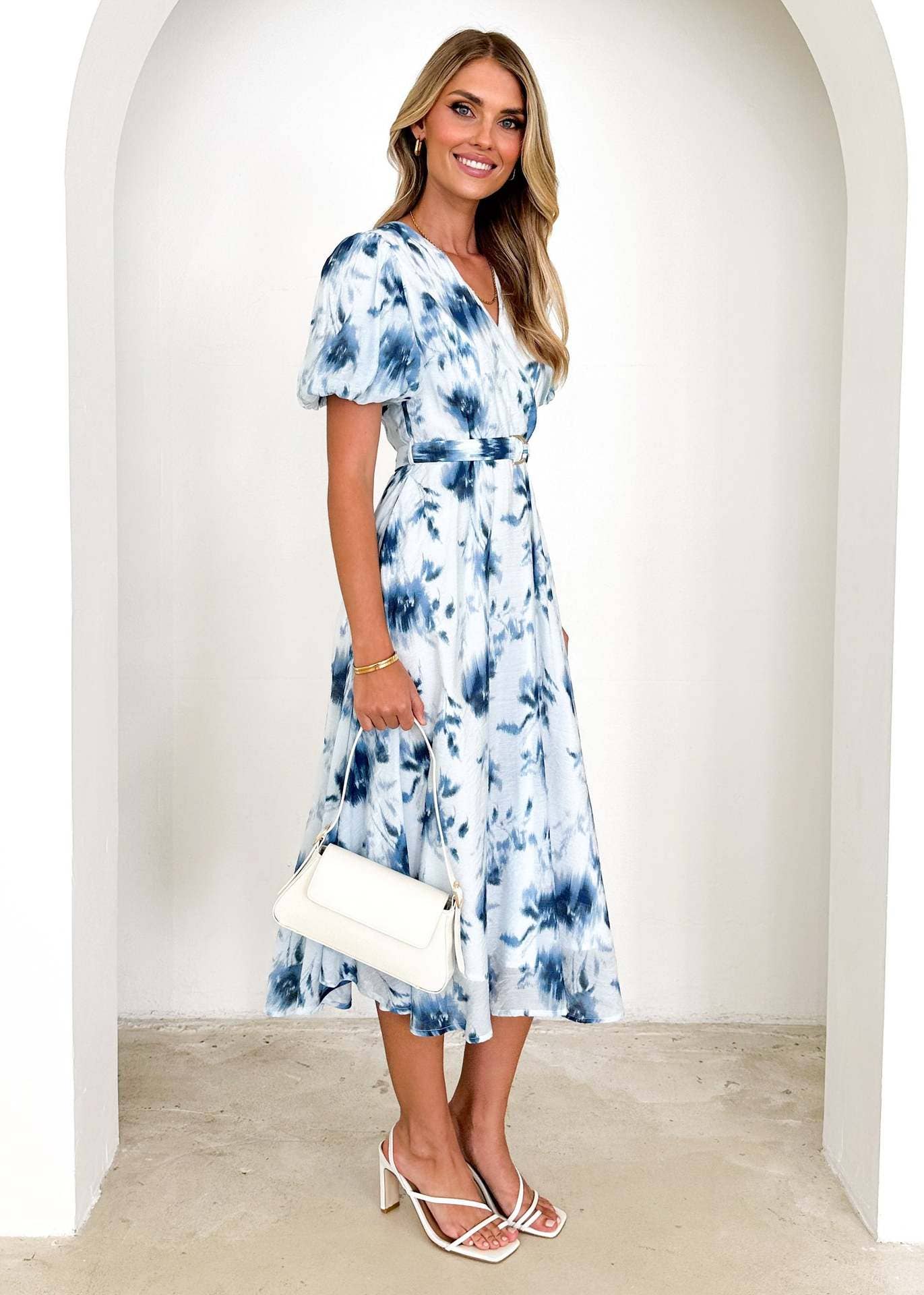 Puffy sleeve print sexy women's V-neck dress