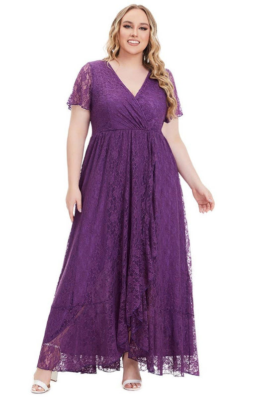 CWDMD3206_PLUS SIZE V-NECK LACE LONG EVENING DRESS
