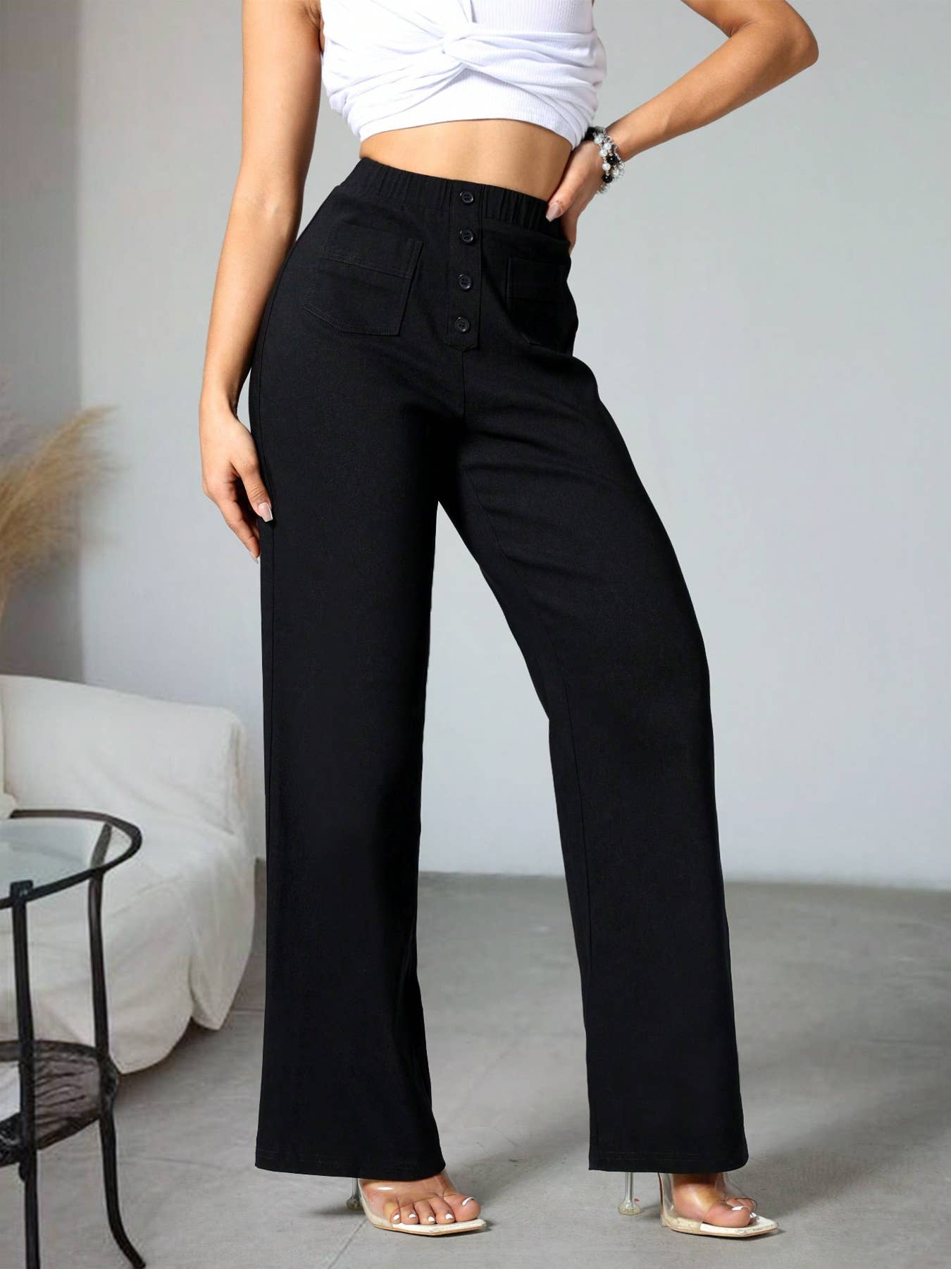 High-waisted button elastic straight-leg pants