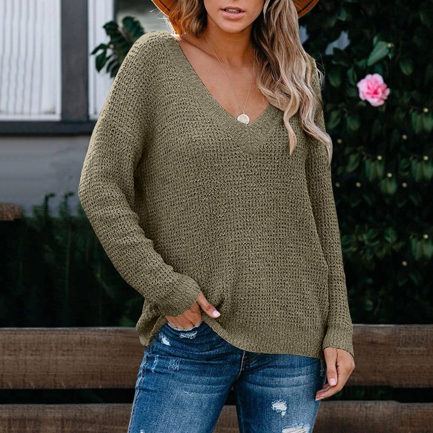 SOLID COLOR V-NECK LOOSE LONG-SLEEVED SWEATER