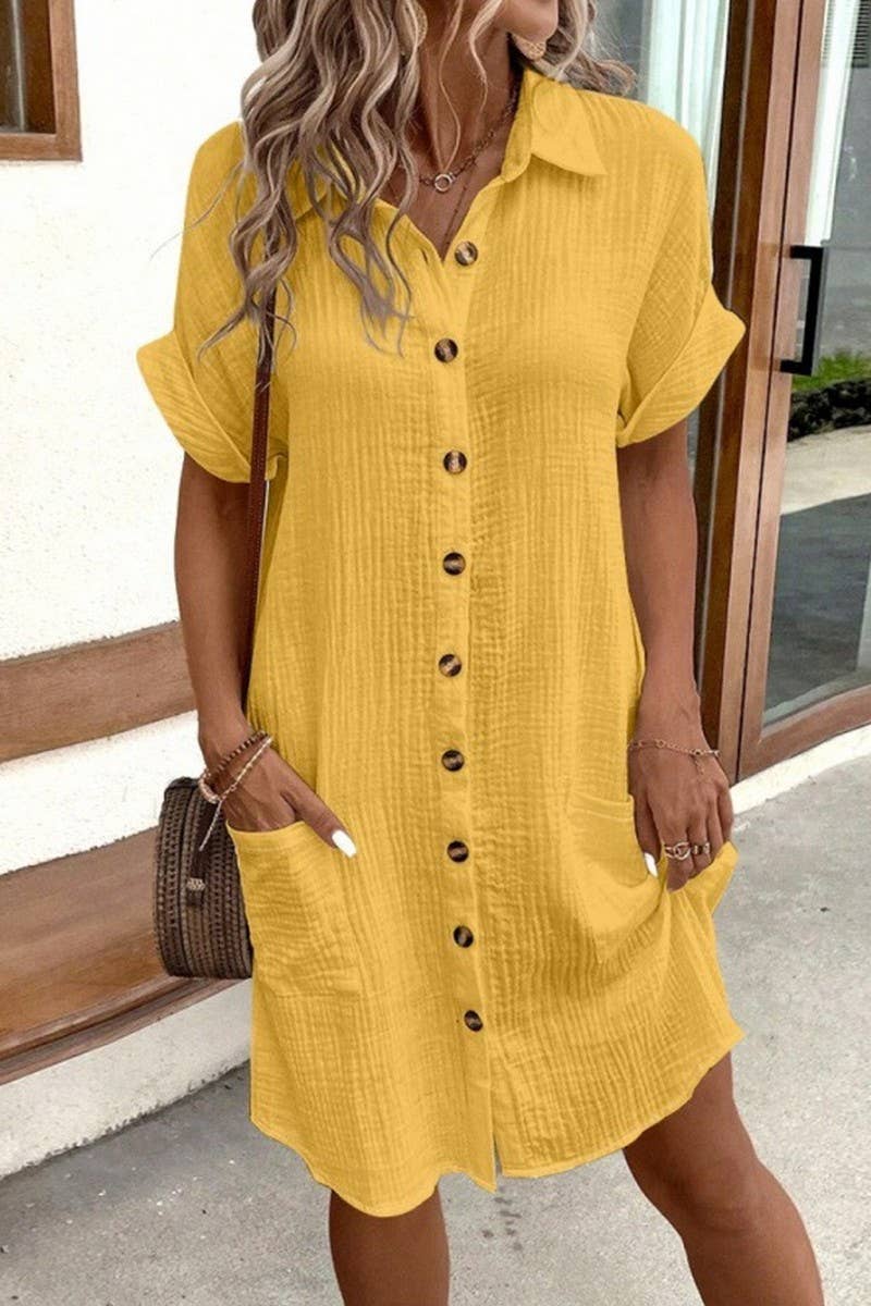 CWDSD10629_WOMEN'S SIMPLE V-NECK BUTTON SHIRT DRESS