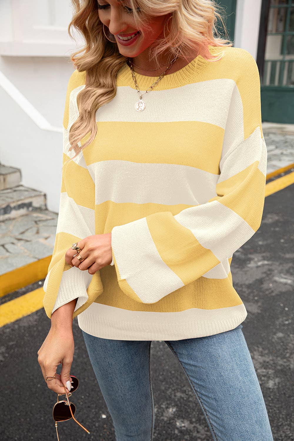 Striped crew neck knit loose slouchy base