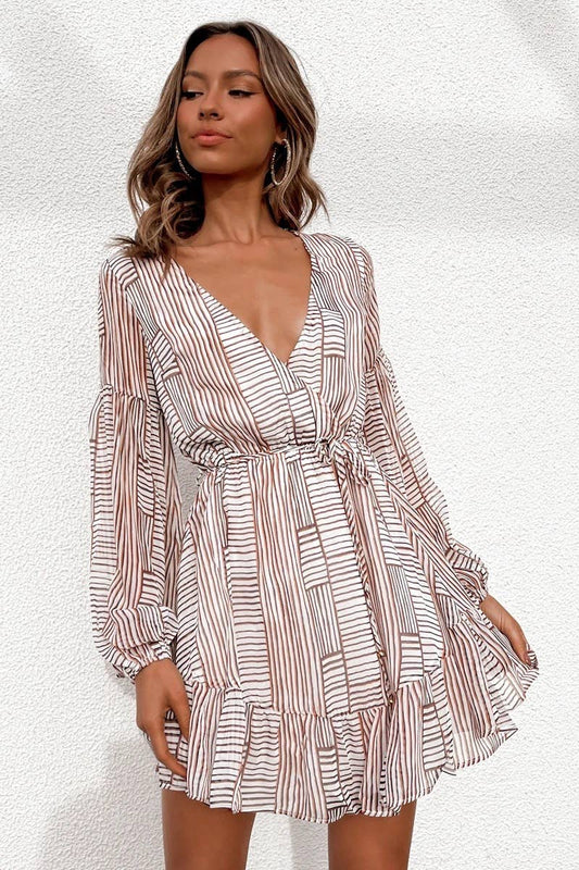 PRINTED V-NECK WAIST WAIST LONG SLEEVE SHORT DRESS