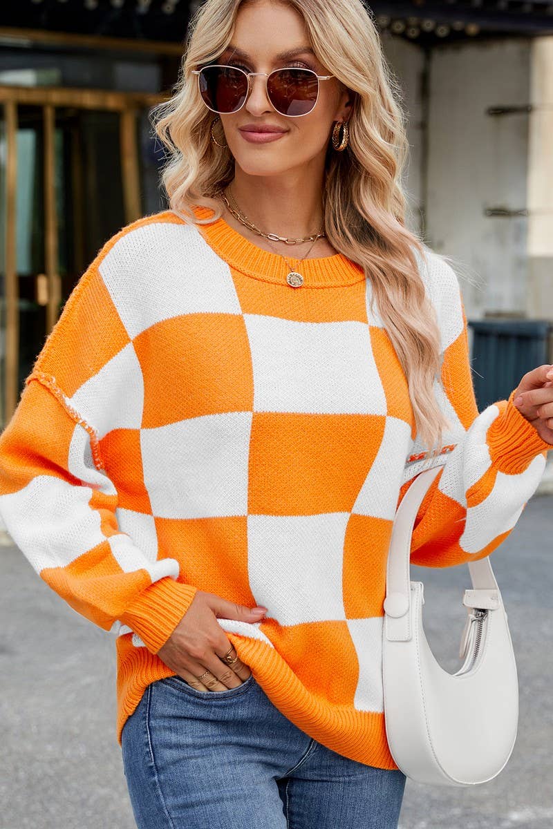 CWOSWL07726_LOOSE CASUAL PLAID COLORBLOCK SWEATER