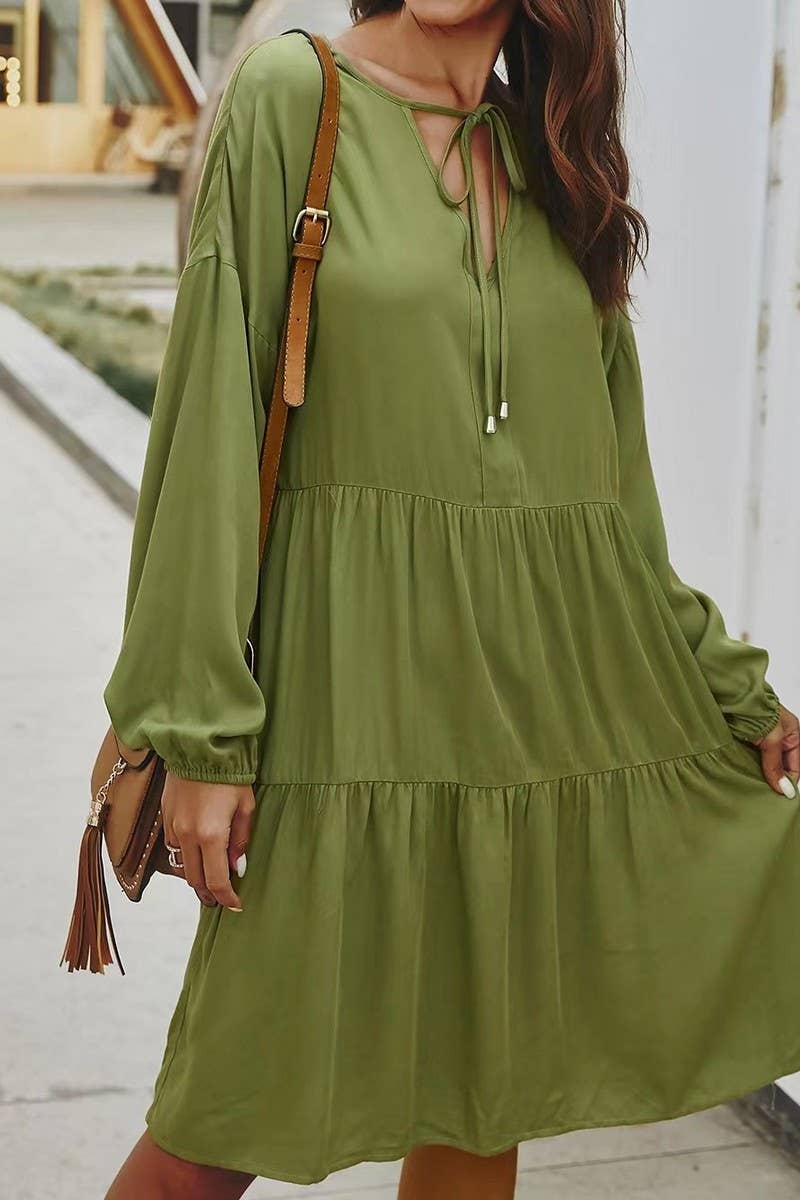 CWDMD5414_V-NECK LONG SLEEVE HIGH WAIST TIE MIDI DRESS