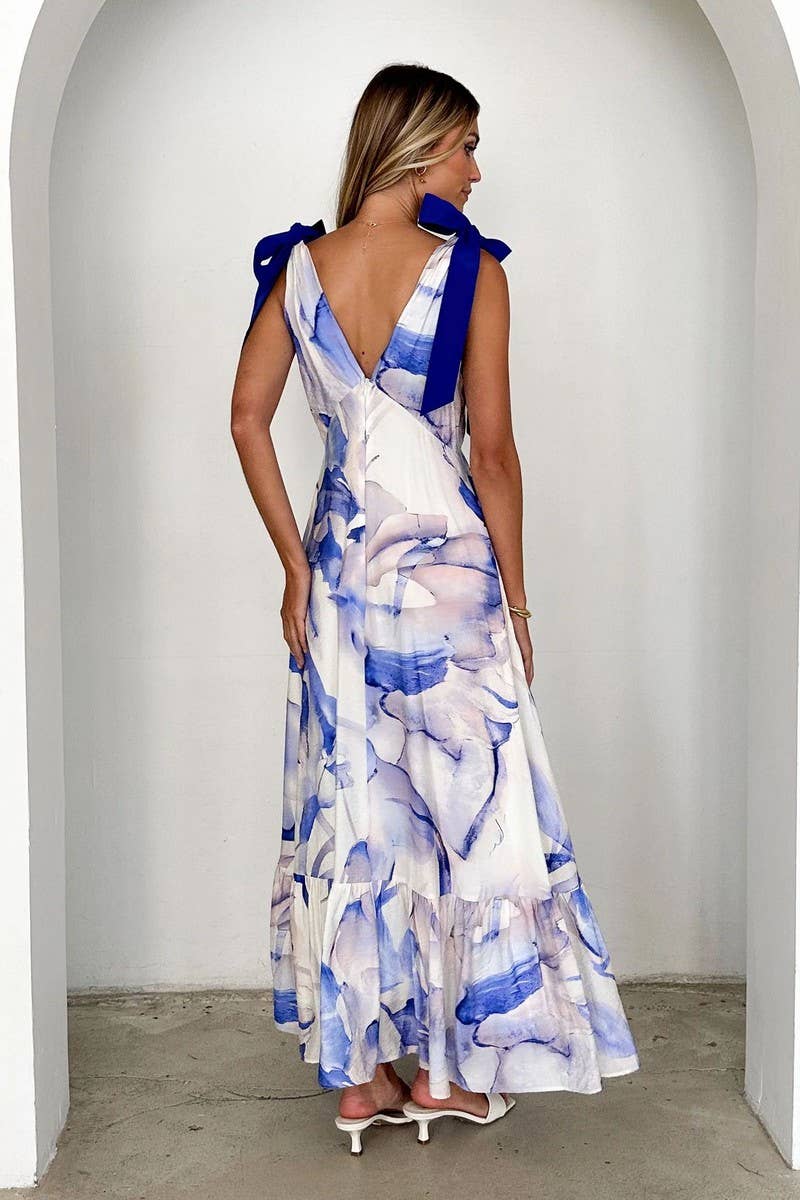 CWDMD5219_TIE-BACK V-NECK SLEEVELESS FLORAL MAXI DRESS