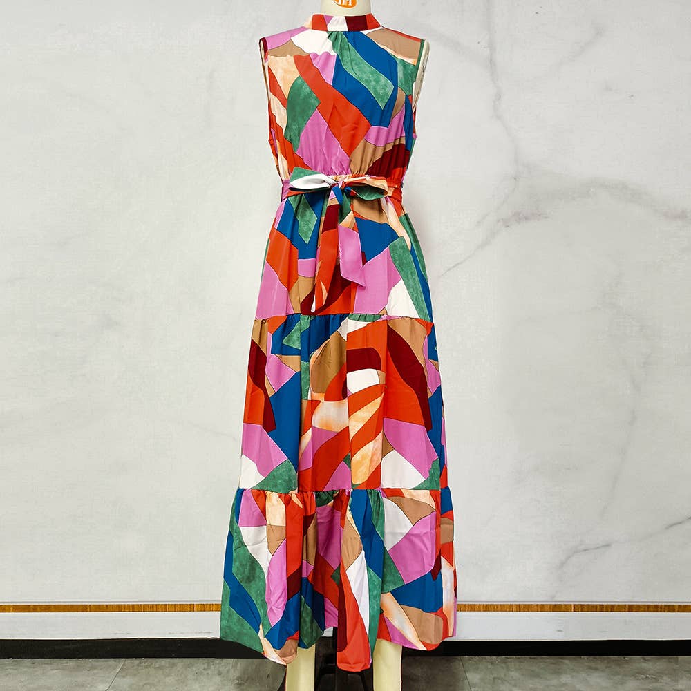 STAND COLLAR PRINT BOHO HOLIDAY SLEEVELESS DRESS