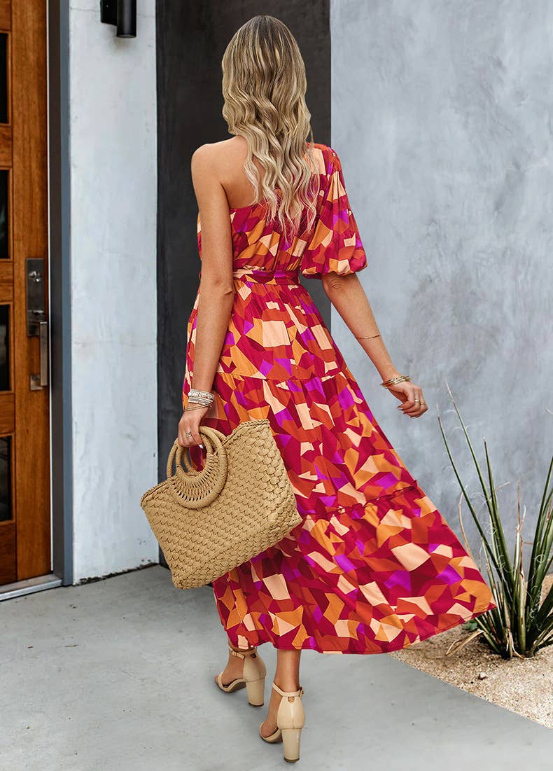 SLANT SHOULDER PRINTED LANTERN SLEEVE DRESS