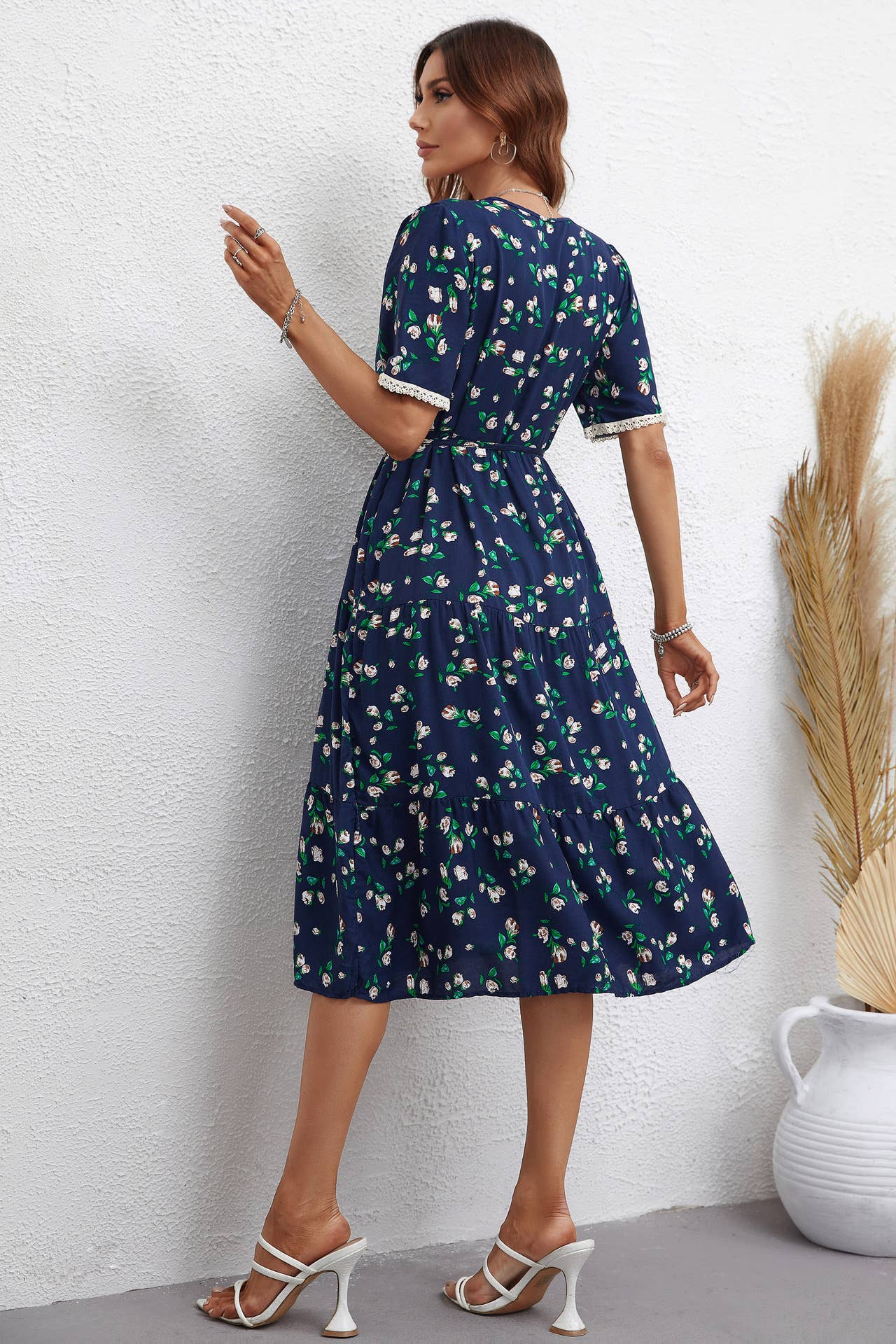 FASHION FLORAL V-NECK SHORT-SLEEVED DRESS