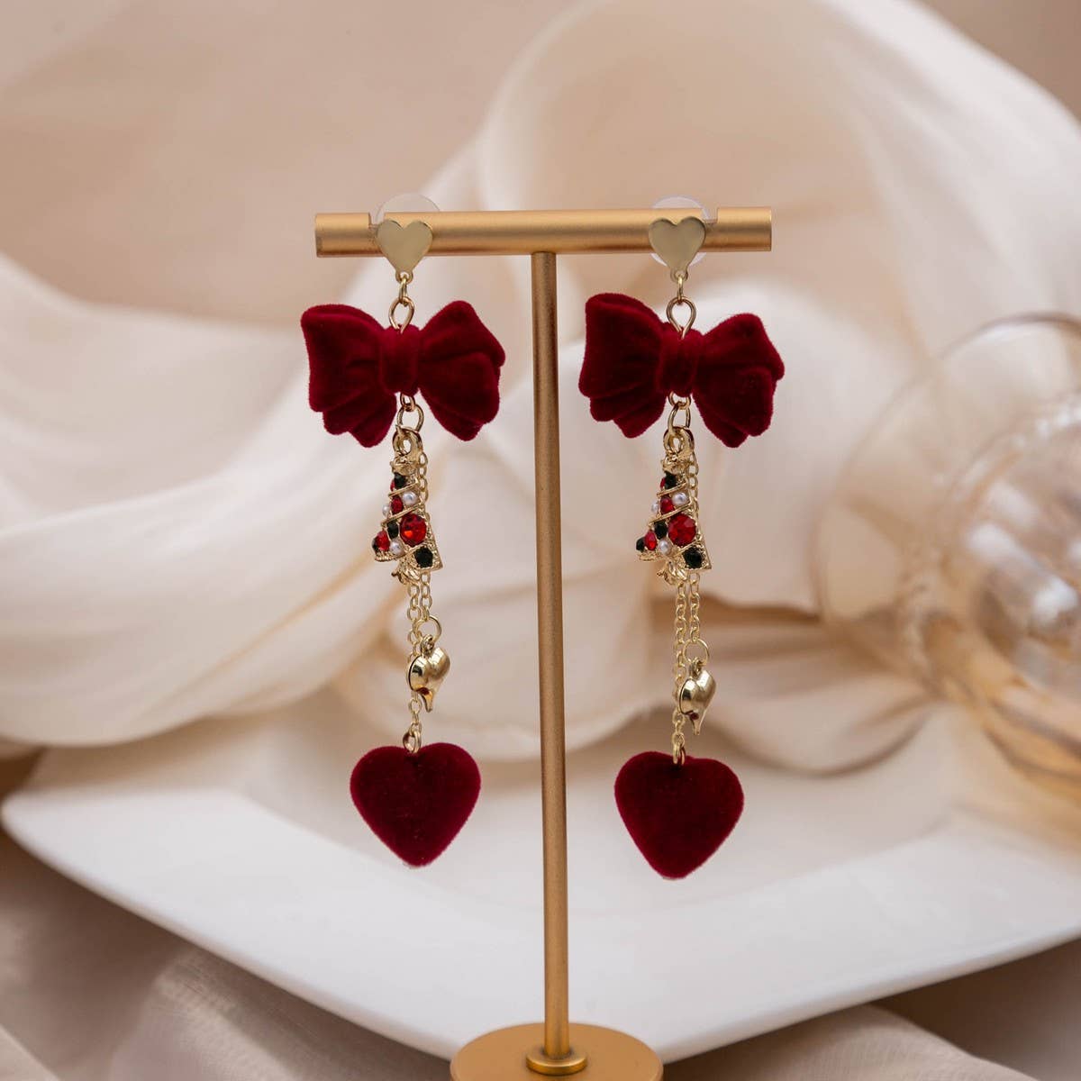 NEW BURGUNDY BOW LONG HEART EARRINGS