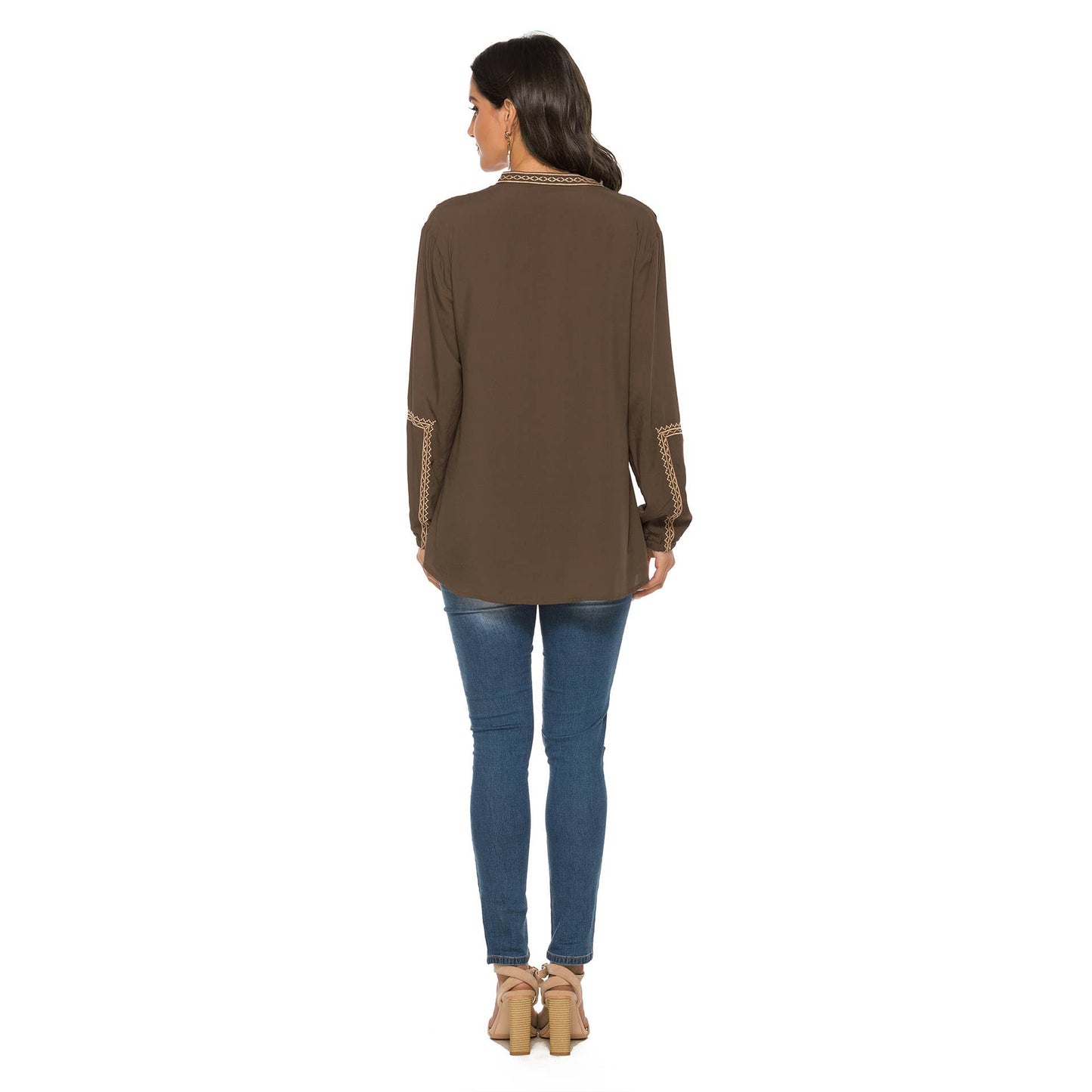 Ethnic style long-sleeved heart-neck top