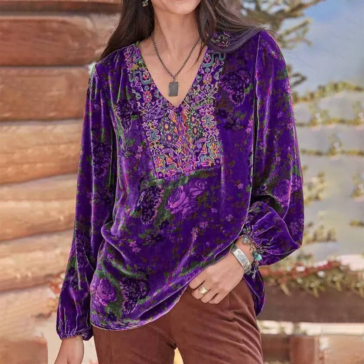 V-NECK RUFFLED PRINT LONG-SLEEVE CANARY T-SHIRT