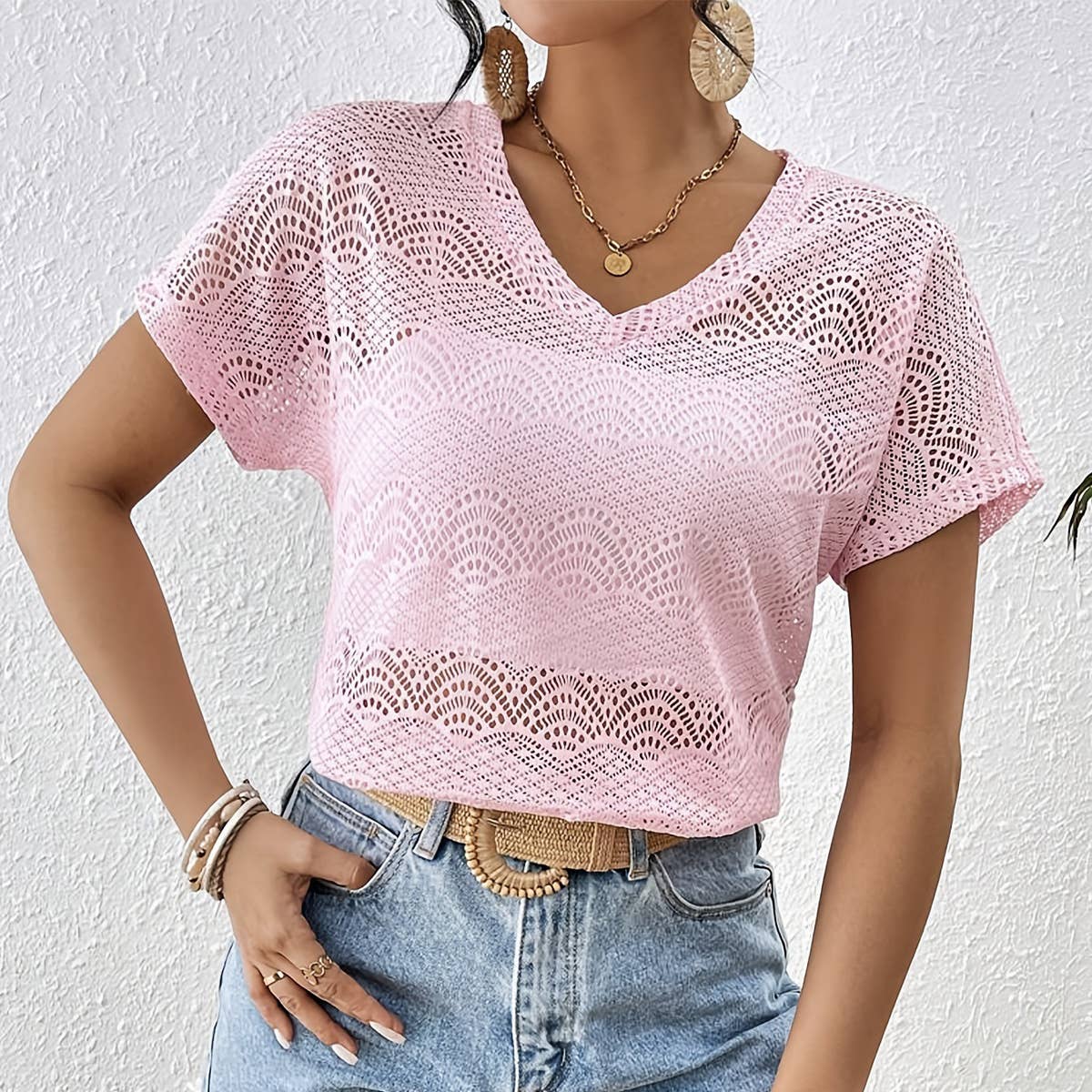 Solid-color lace V-neck bat short-sleeved T-shirt