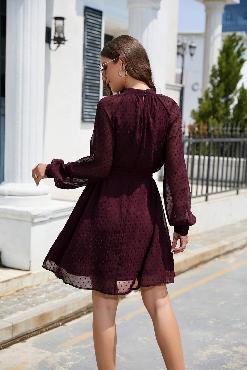 CWDSD5810_MID-NECK LONG-SLEEVED CHIFFON POMPOM BELT DRESS