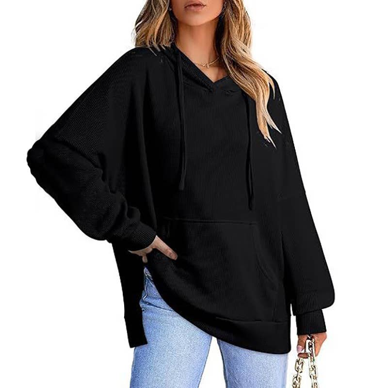 WOMEN'S LONG-SLEEVED WAFFLE POCKET HOODED JUMPER