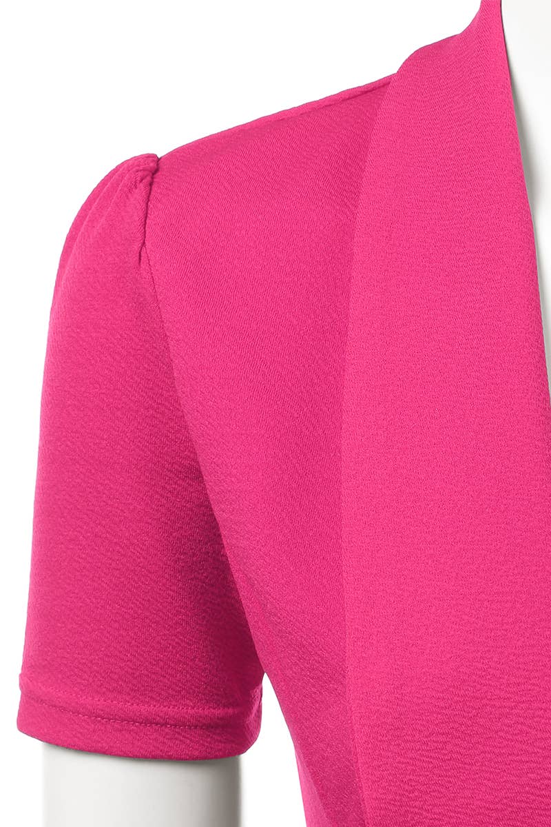 CWOBL095_Short Sleeve Open Front Draped Ruffles Blouses