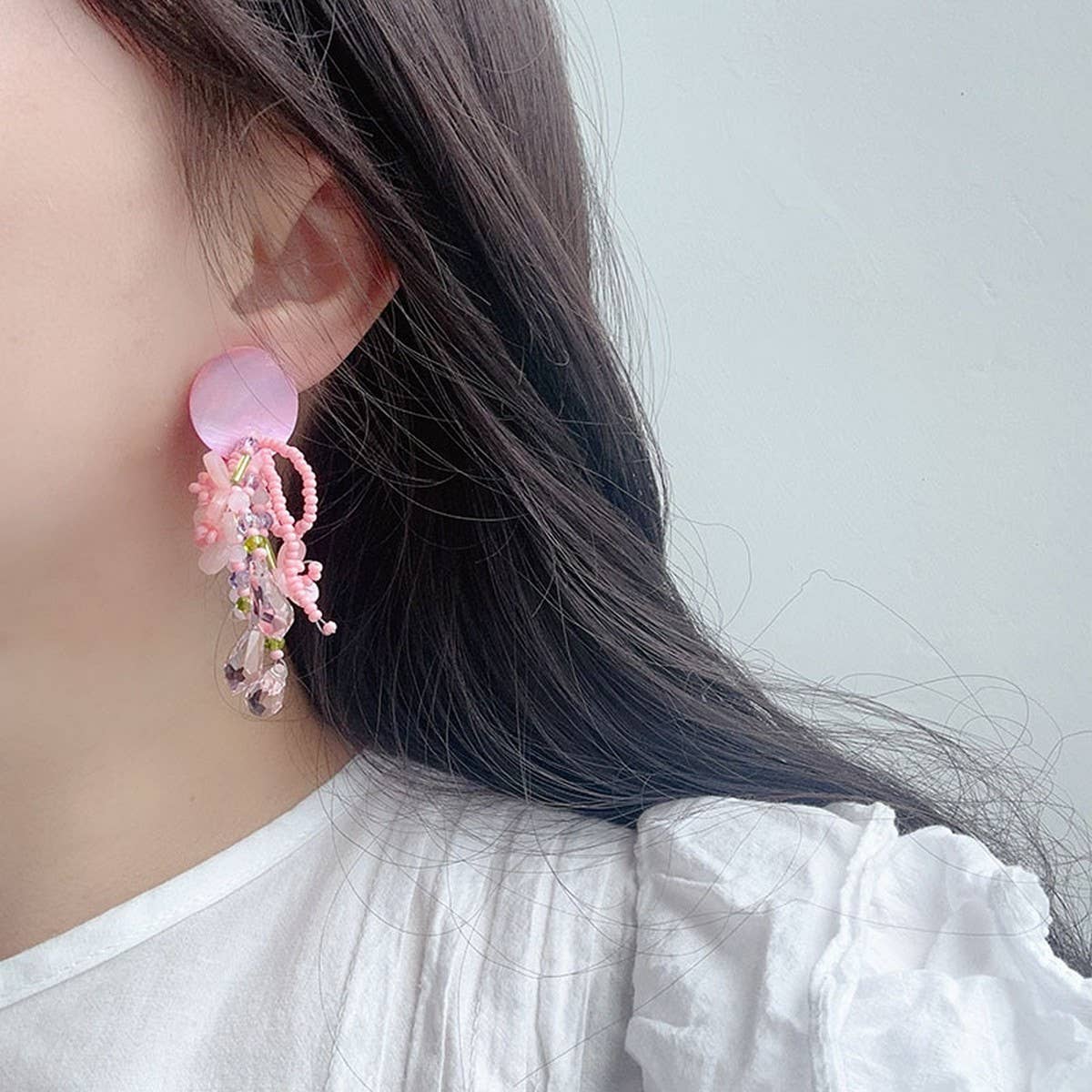 SHELL TASSEL BEADED FLOWER EARRINGS