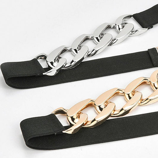SILVER,GOLD CHAIN BLACK STRETCH BELT_CWABE0191