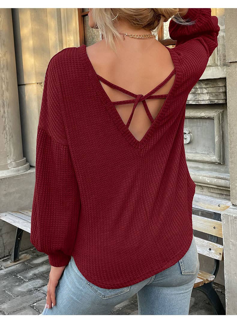 Lantern-shaped long-sleeved backless waffle top