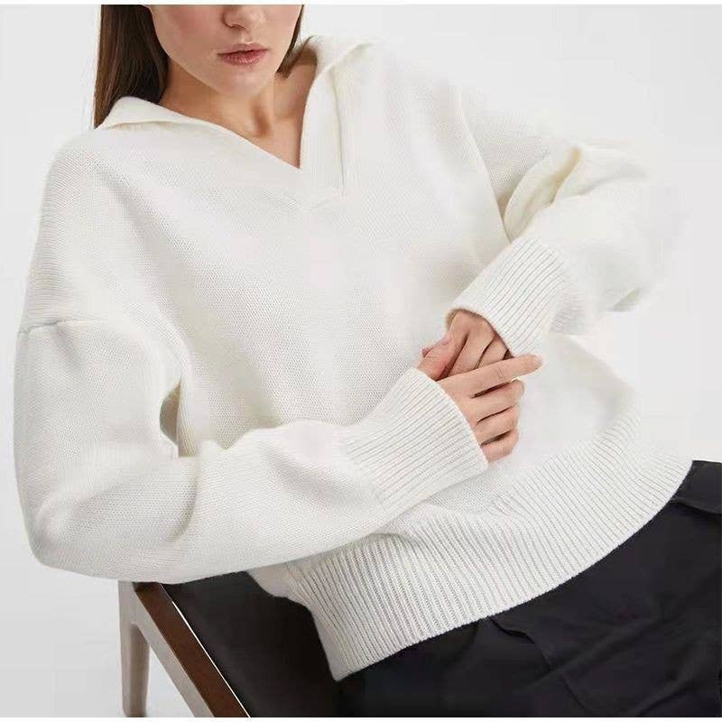 KNIT POLO COLLAR HIGH-GRADE SOLID COLOR SWEATER
