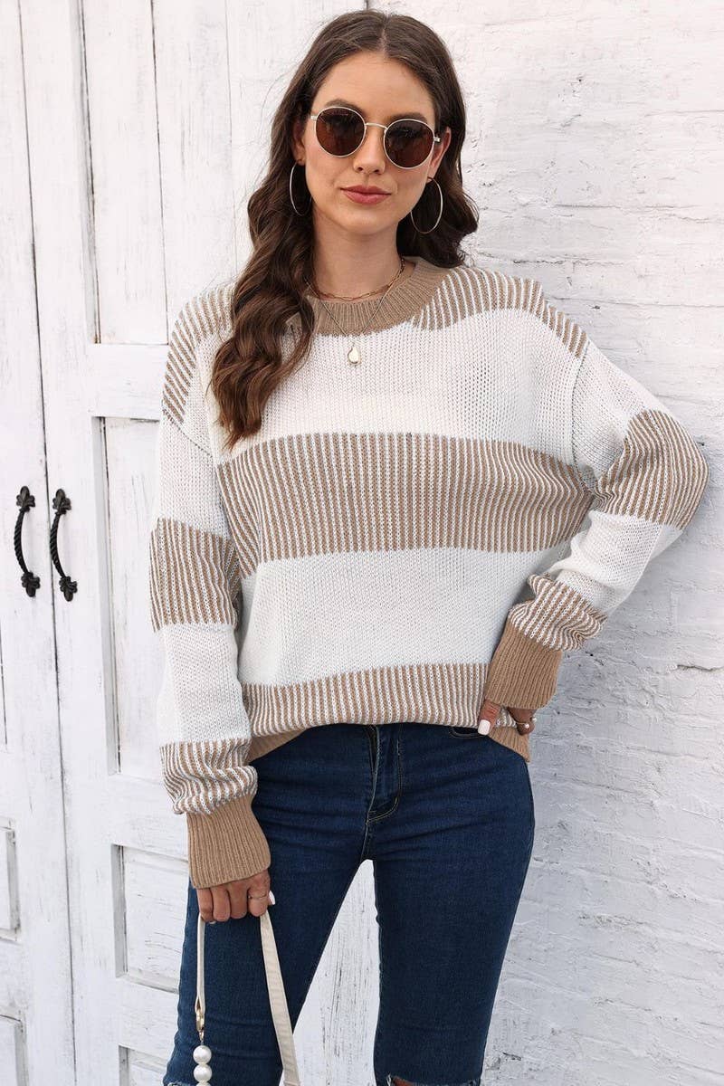 CWOSWL07341_WOMEN CASUAL COLOR BLOCK STRIPED KNIT SWEATER
