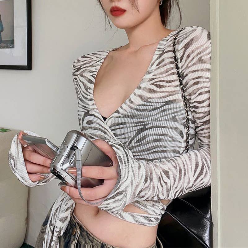 Sexy Zebra Print V-Neck Tie Front Open Cardigan