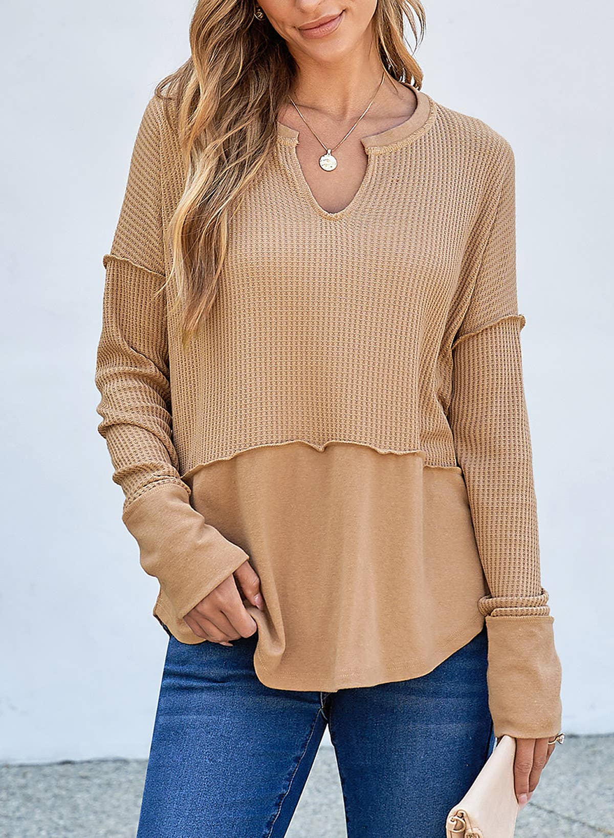 Solid color long sleeve stitched loose hoodie