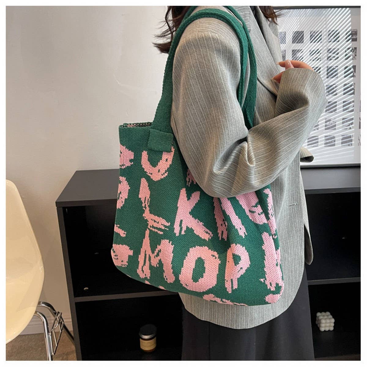 CWAB4572_LETTER PRINTED KNITTED SINGLE SHOULDER HANDLE BAG